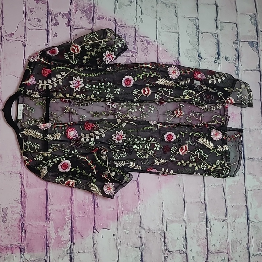 GLANCE BLACK MESH ALLOVER BOLD BOHO COLORFUL FLORAL LEAF EMBROIDERED SHEER TOP M